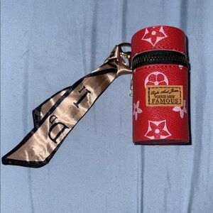 Red Patterned Cylinder Pouch with Ribbon